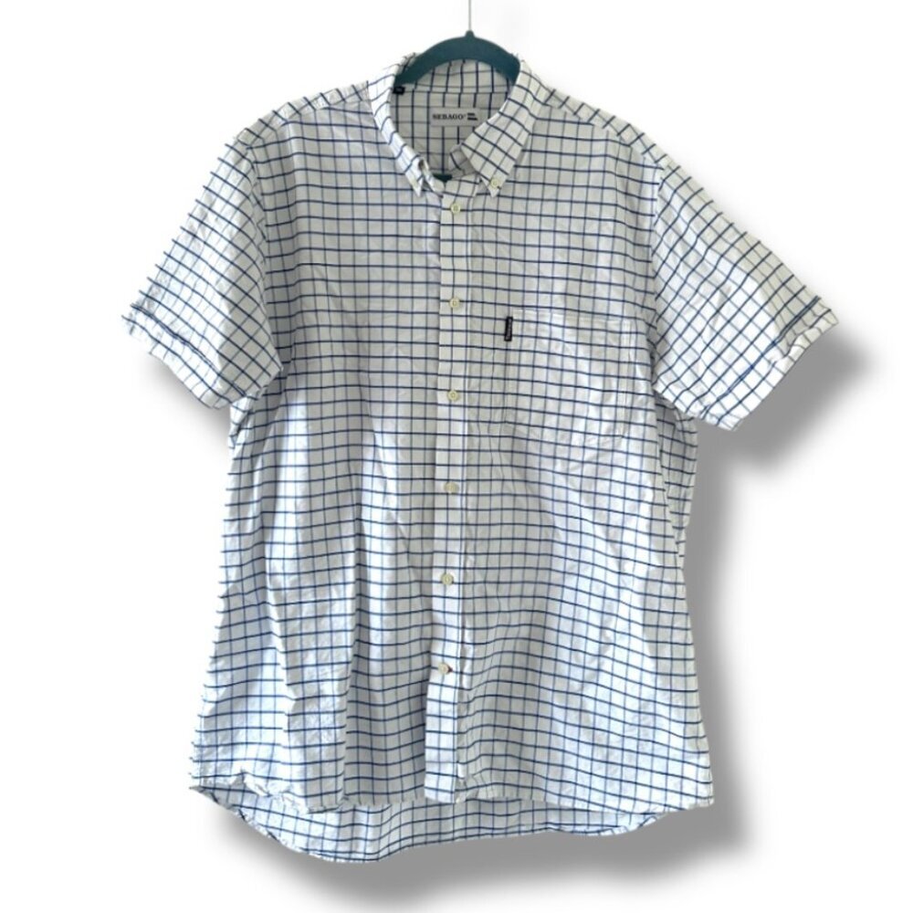 Sebago White Blue Checkered Short Sleeve Button Down Shirt Men's Size XXL Preppy